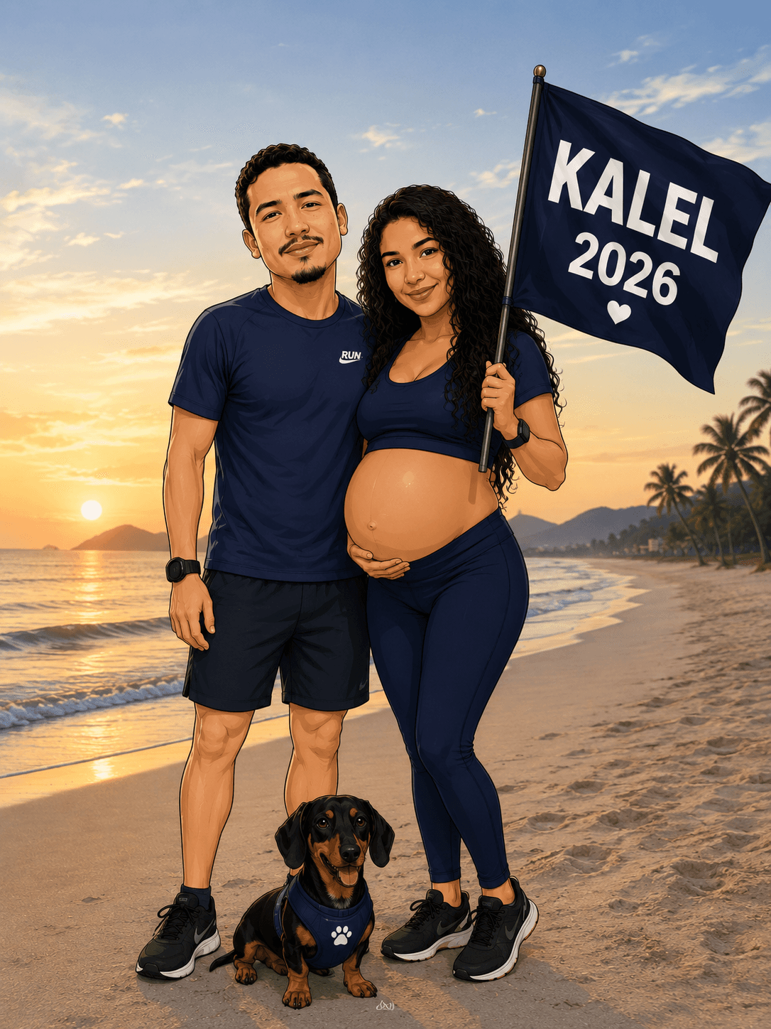 Casal esperando o Kalel, com o cachorro da família, na praia ao entardecer segurando uma bandeira 'Kalel 2026'
